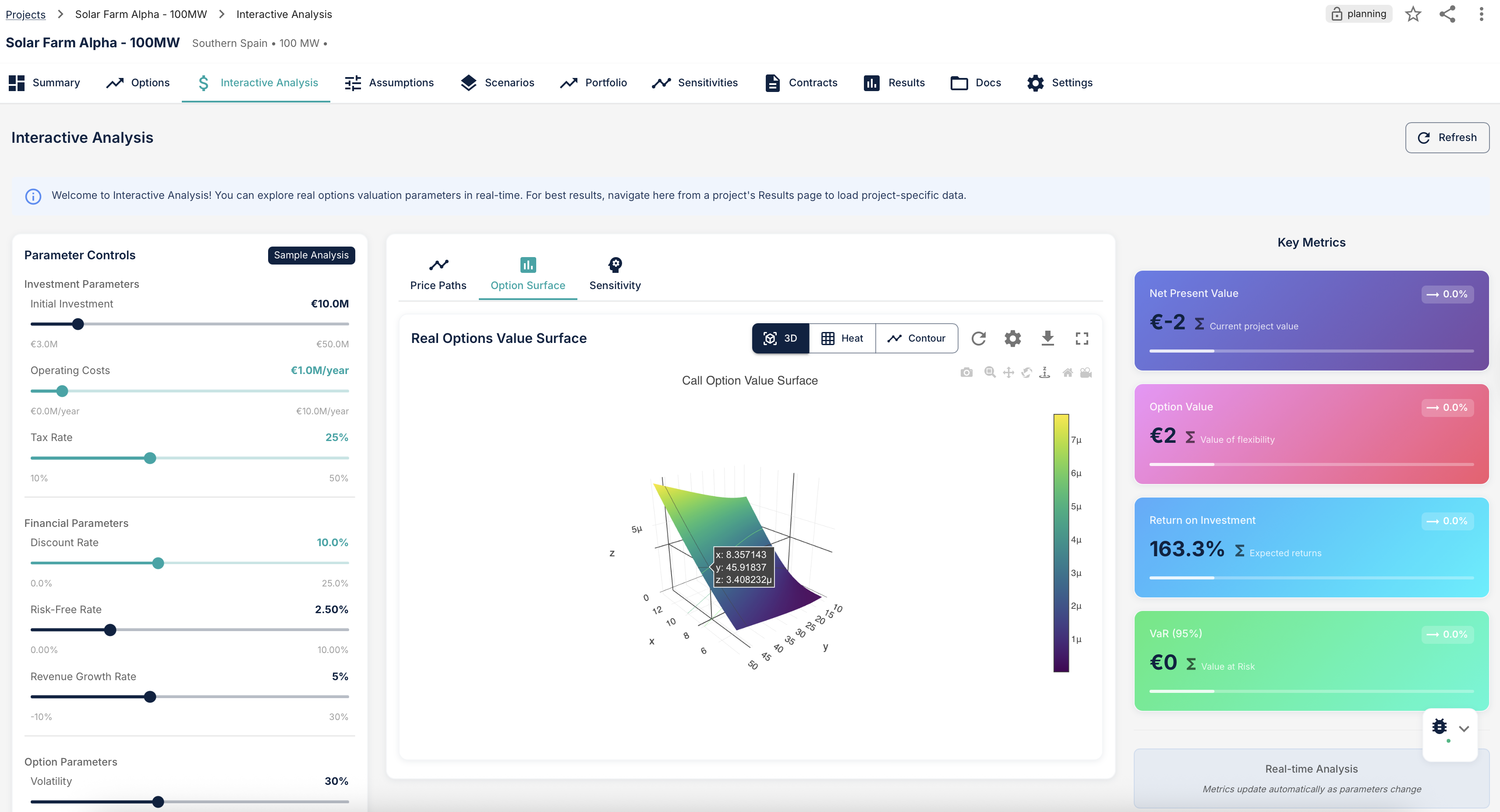 ScenarioEdge scenario sensitivity analysis showing parameter impacts